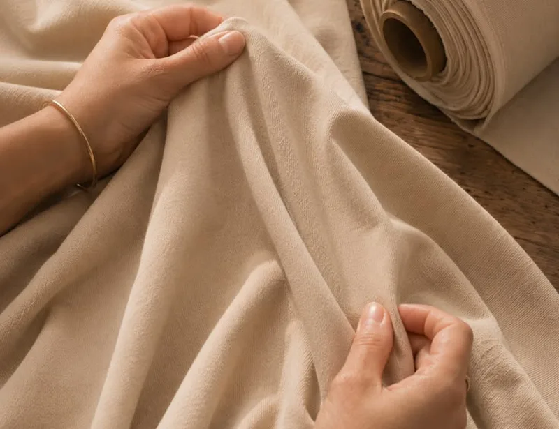 Hands checking the feel of a cotton fabric beside a fabric roll